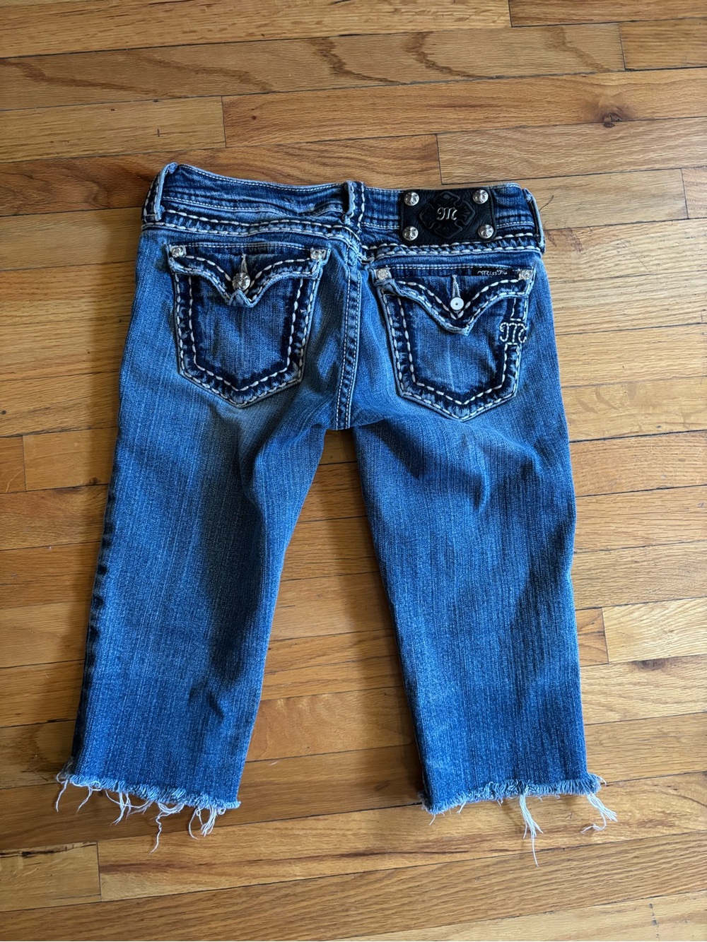 Miss Me Blue Distressed Cropped Jeans Shorts with Embellished Back Pockets
